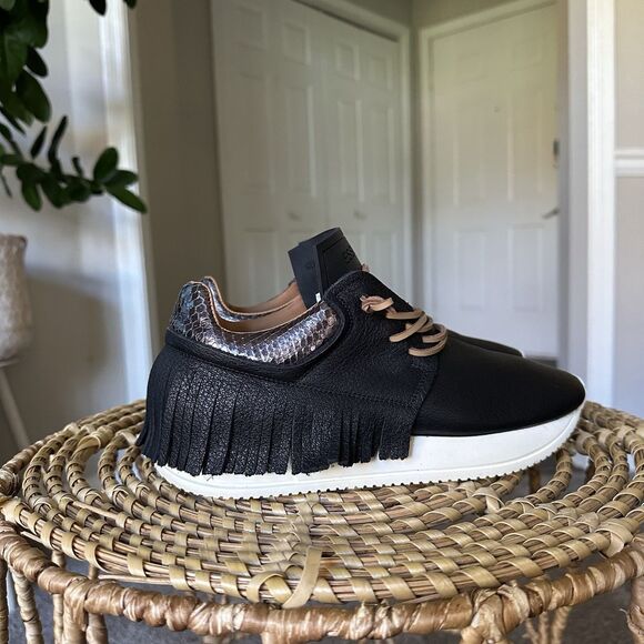 ESSEUTESSE Leather Fringe Black Sneakers Comfort Slip On Size 38 Handmade Italy - Picture 4 of 14